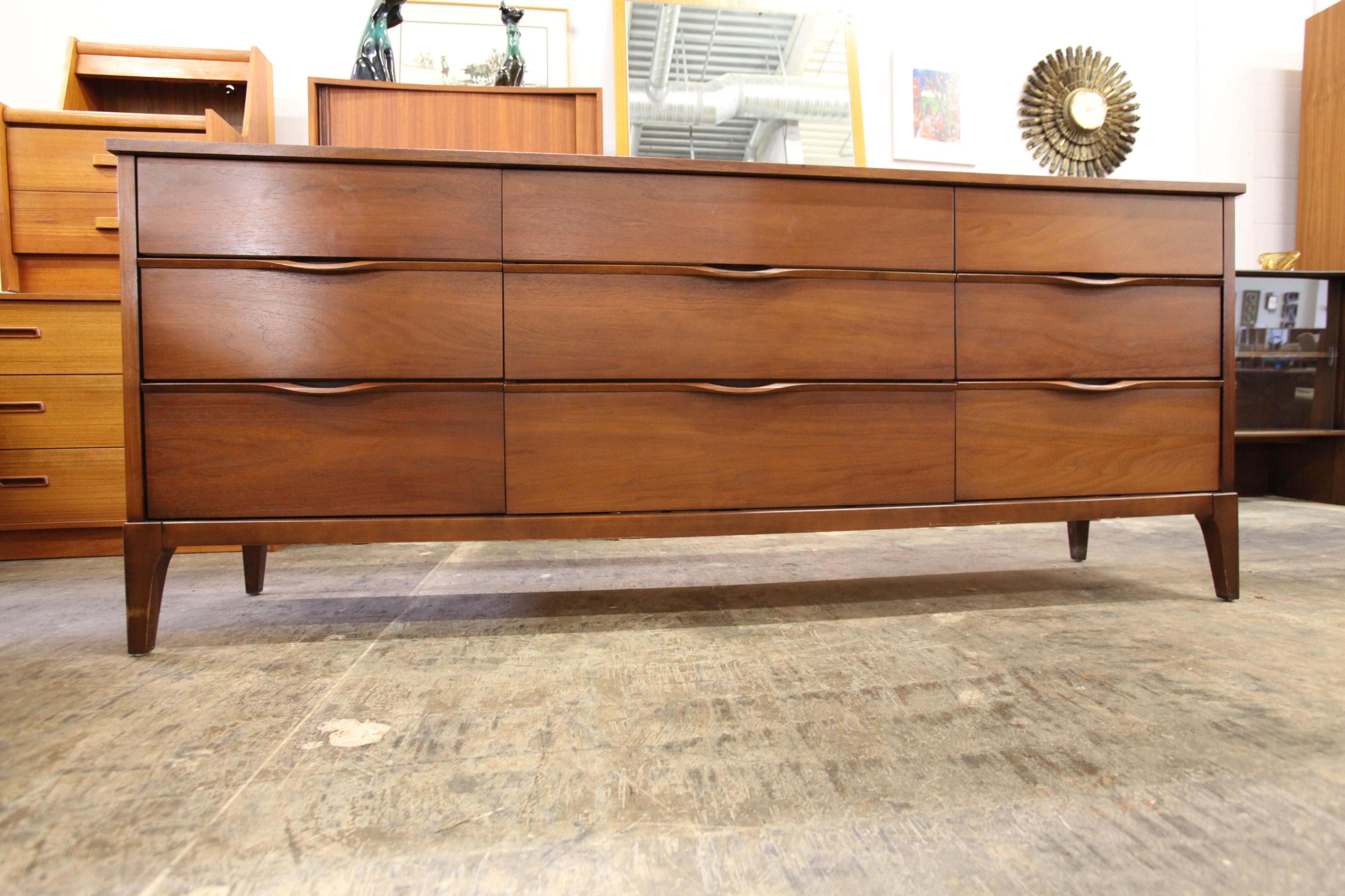 Vintage Walnut 9 Drawer Dresser (76"W x 17.25"D x 31"H) Consign