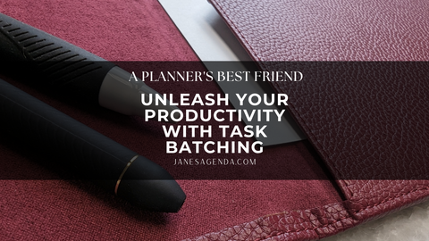 Wine red folder with pens and text "task batching"