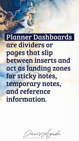 Definition of planner dashboard in text over a blue and gold marbled background