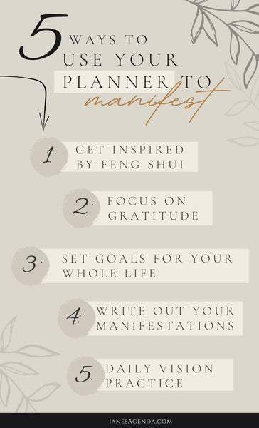 Off-white background with leaves on sides with text overlay listing 5 ways to manifest with your planner:  1. Take inspiration from feng shui 2. Focus on gratitude 3. Set goals for your whole life 4. Write out your manifestations over and over 5. Create a daily vision practice