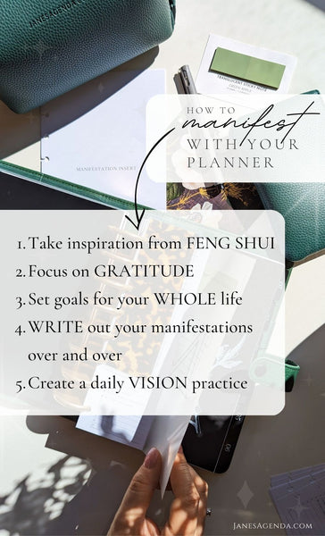 Picture of planner pieces on table with woman's hand turning the pages and text overlay with a list of 5 ways to manifest with your planner