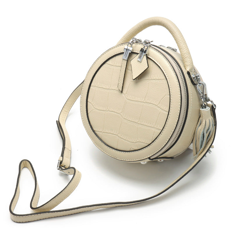 Small Round Leather Circle Crossbody Bags Beige