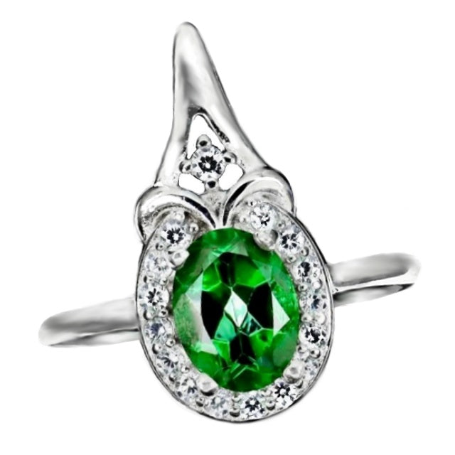 Exotic Natural Brazilian Green Topaz White CZ Solid .925 Sterling Silver  14k White Gold Ring Size 8