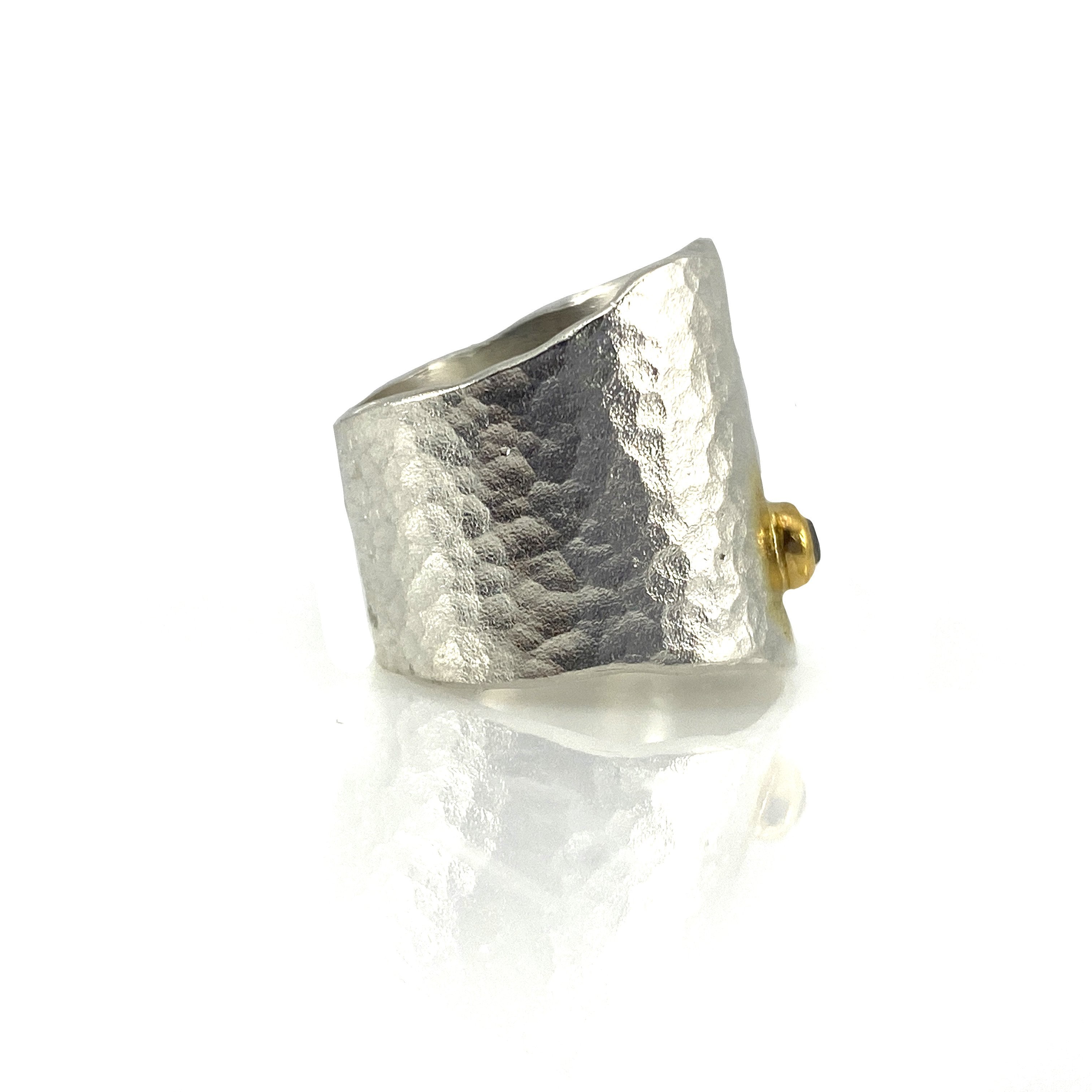Bright Silver Hammer Textured Diamond Ring