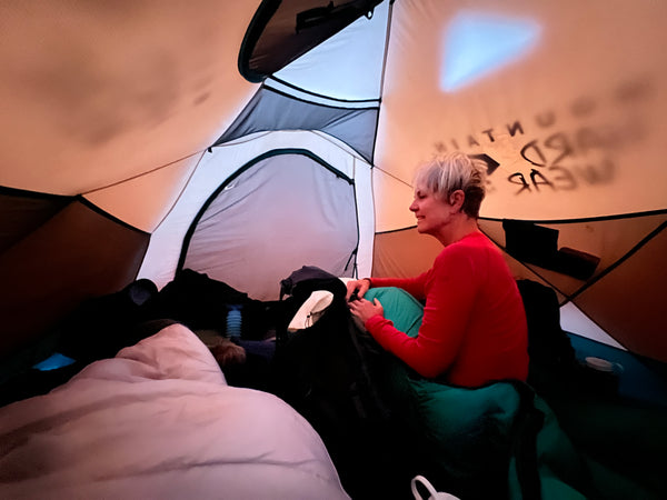 Lucretia in our tent that we shared together