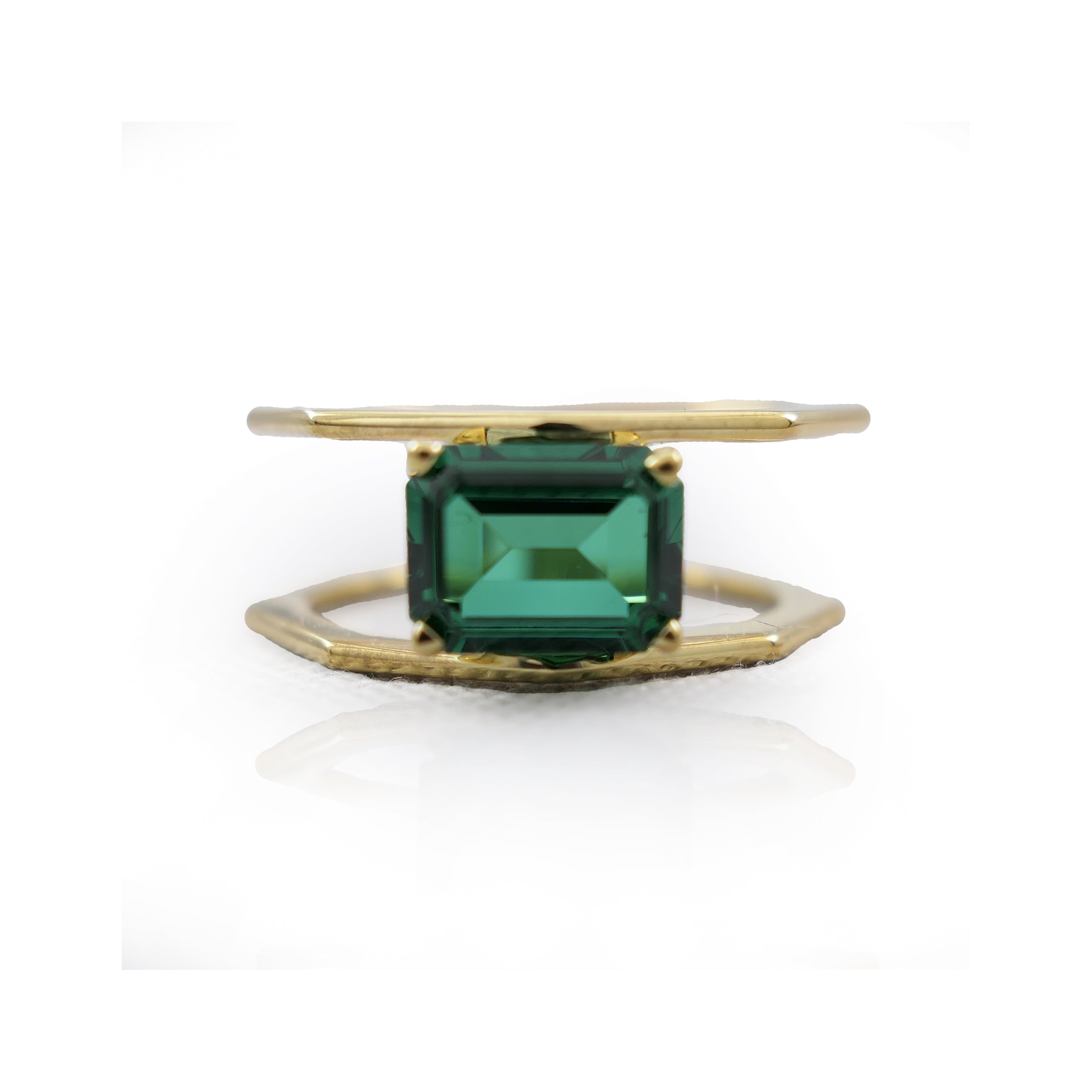 Created Emerald and Gold Plated Geometric Ring