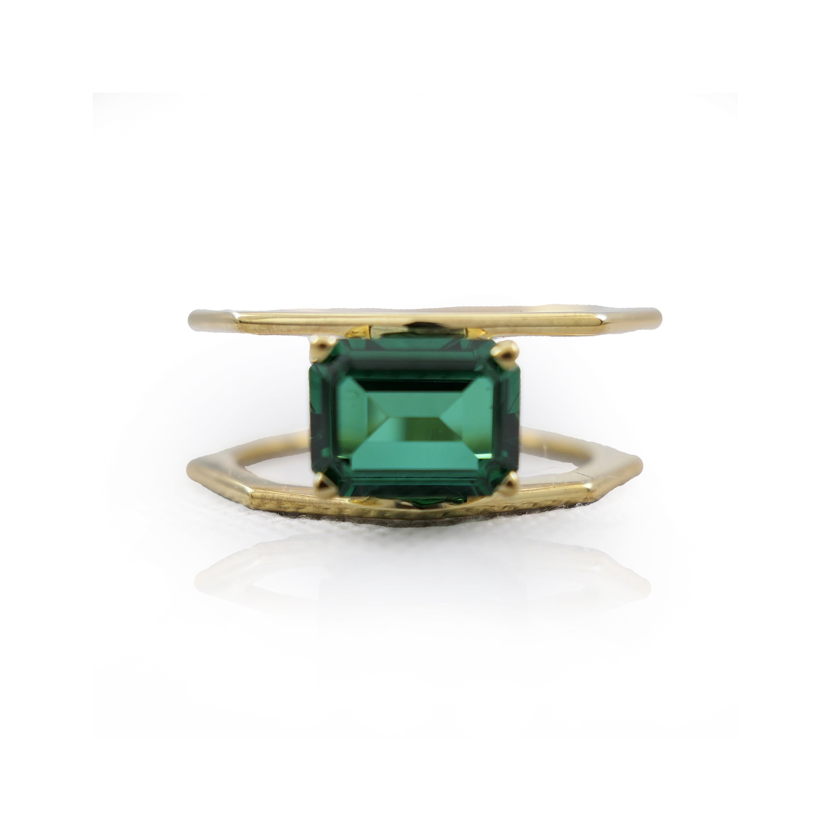 Created Emerald and Gold Plated Geometric Ring
