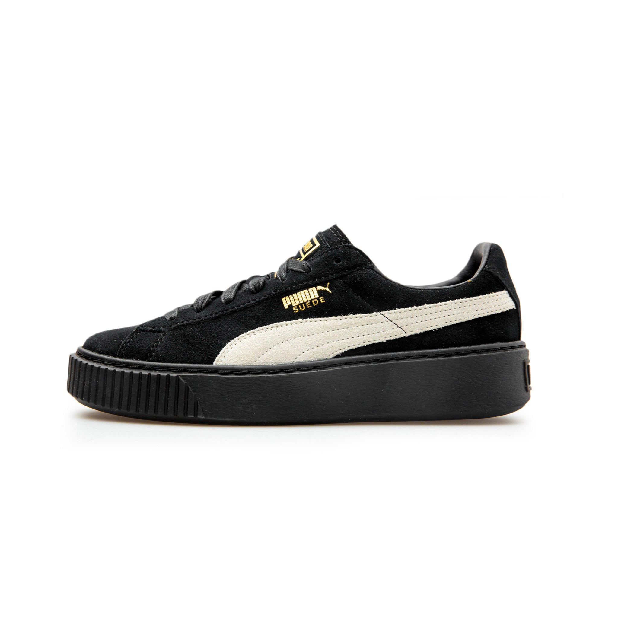 puma suede platform black white gold