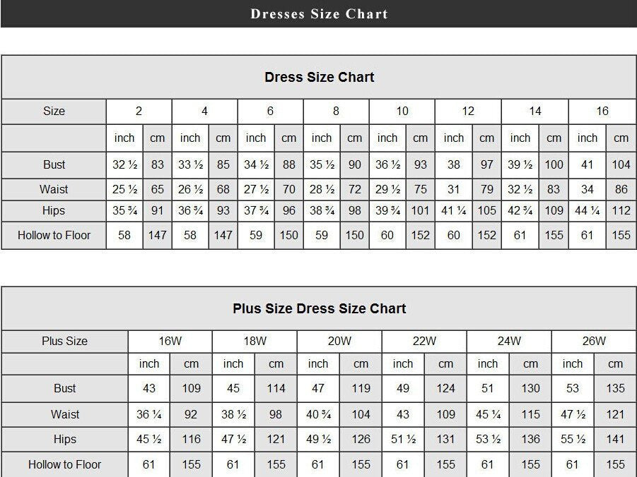 Formal Dress Size Chart