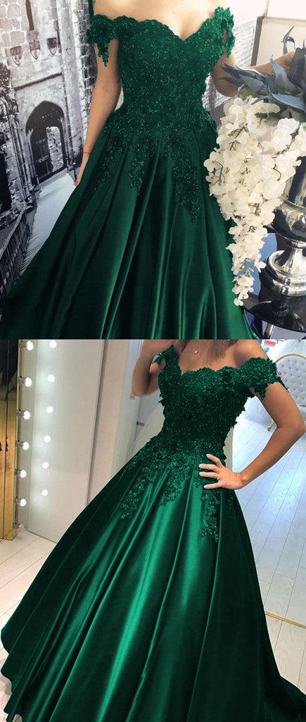 off shoulder green prom dress