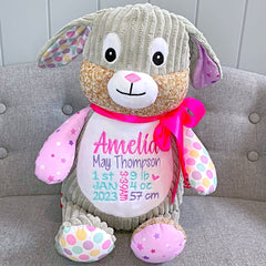 Bubblegum harlequin bunny plushie teddy personalised with birth details for Amelia