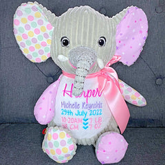 Bubblegum harlequin elephant plushie teddy personalised with birth details for Harper