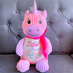 Harlequin unicorn plushie teddy personalised with birth details for Isla