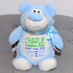 Blue bear plushie teddy personalised with birth details for Oliver