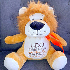 Lion plushie teddy personalised with birth details for Leo