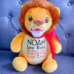 Lion plushie teddy personalised with birth details for Noah