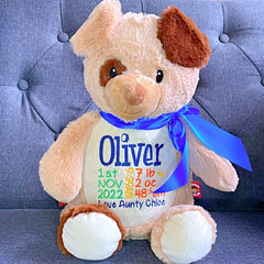 Nugget the dog plushie teddy personalised with birth details for Oliver