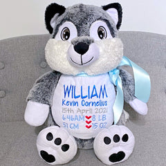 Wolf plushie teddy personalised with birth details for William