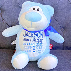 Bear plushie teddy personalised with birth details for Jackson