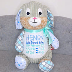 Bunny plushie teddy personalised with birth details for Henry