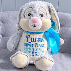 Grey bunny plushie teddy personalised with birth details for Lucas