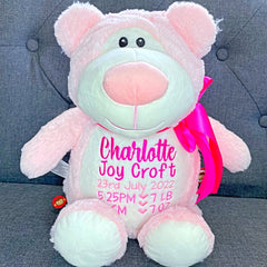 Pink bear plushie teddy personalised with birth details for Charlotte