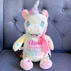 Unicorn plushie teddy personalised with birth details for Olivia