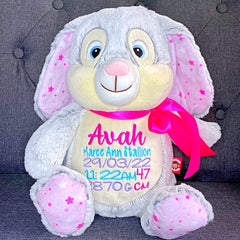 Starbright bunny plushie teddy personalised with birth details for Avah