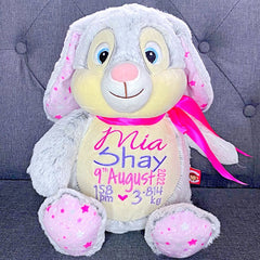 Starbright bunny plushie teddy personalised with birth details for Mia