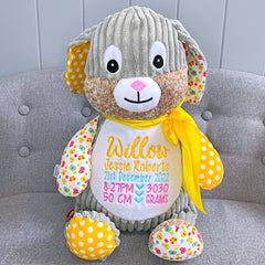 Sunshine harlequin bunny plushie teddy personalised with birth details for Willow