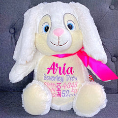 White bunny plushie teddy personalised with birth details for Aria