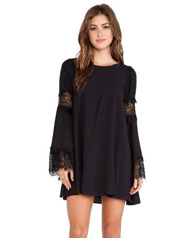 Straight Dresses Long Flare Sleeve with Hollow Lace Dress - Seamido