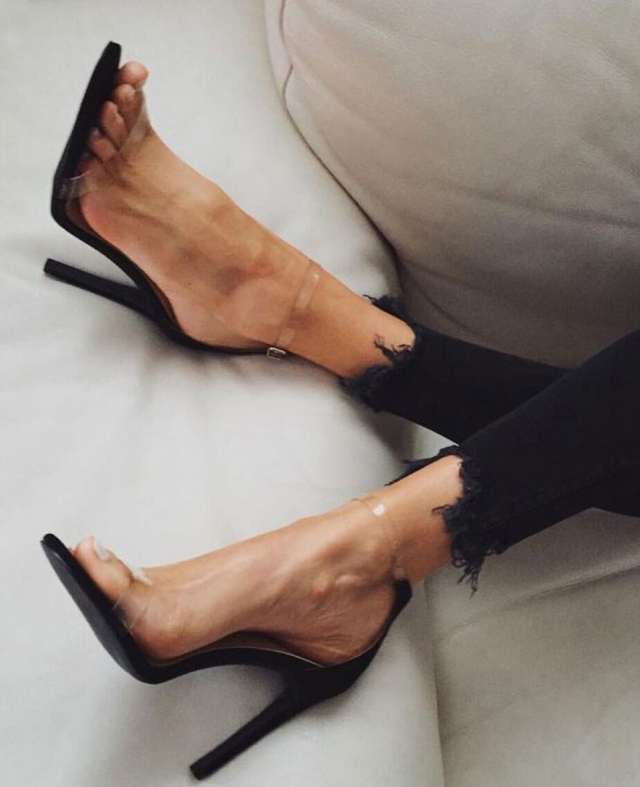 black strappy heels with clear strap