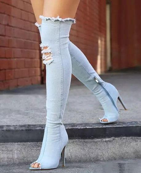 blue jean knee high boots