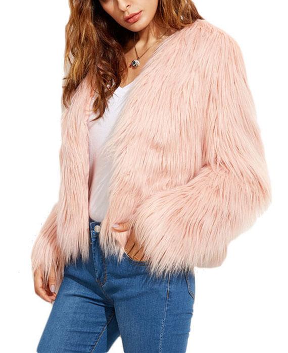 Faux Fur Long Sleeve Pink Jackets | pink faux fur coat| Seamido