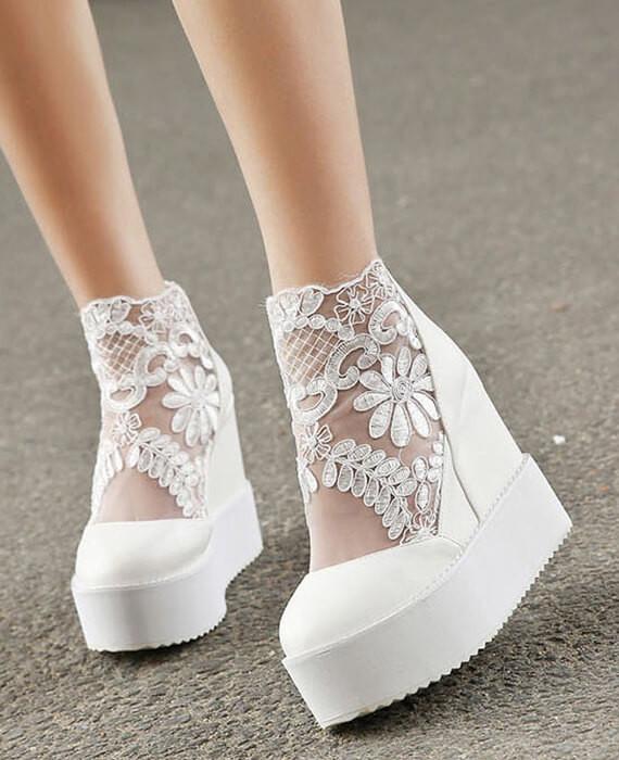 Lace Roman Wedge Heels White Platform 
