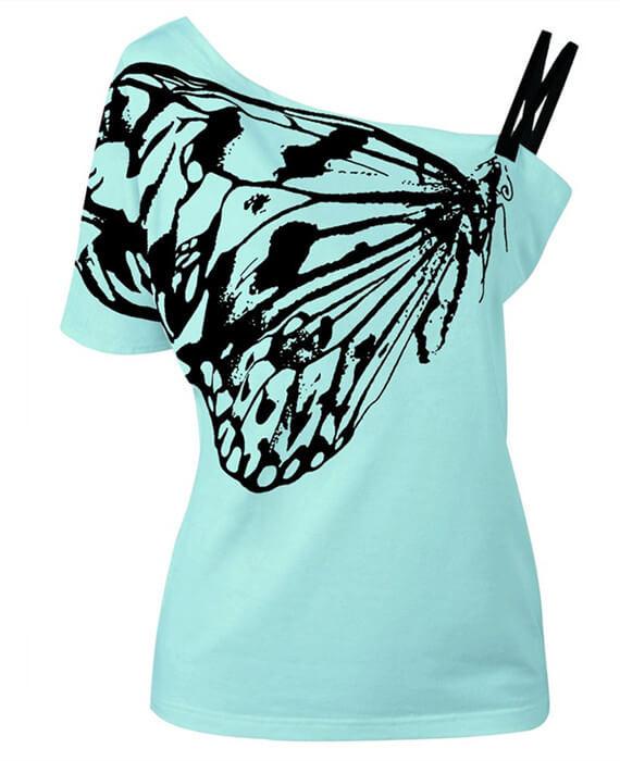 Oblique Butterfly Print Short Sleeve Cotton T-shirt - Seamido