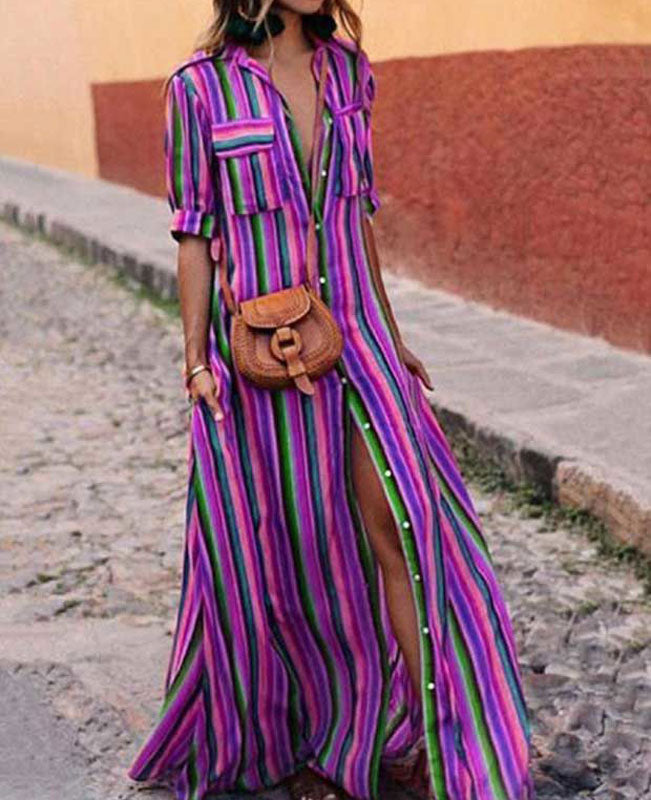 Striped Boho Long Dresses | Bohemia Striped Shirt Maxi Dress|Seamido