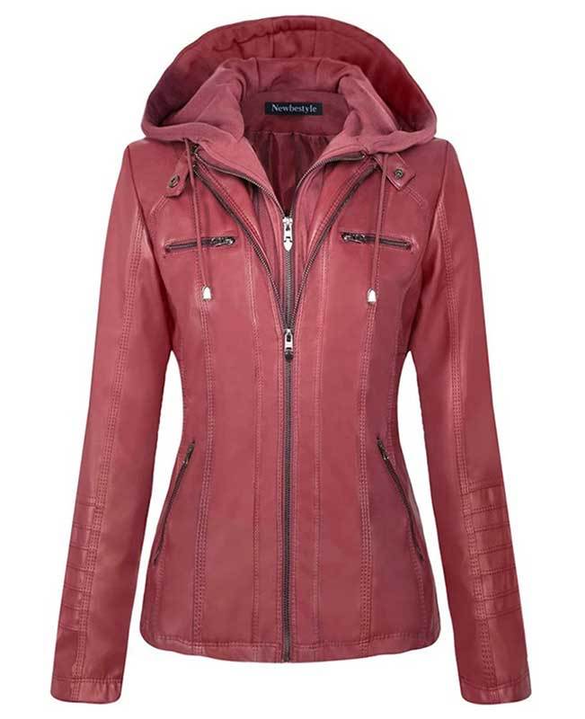 red leather jacket with hood