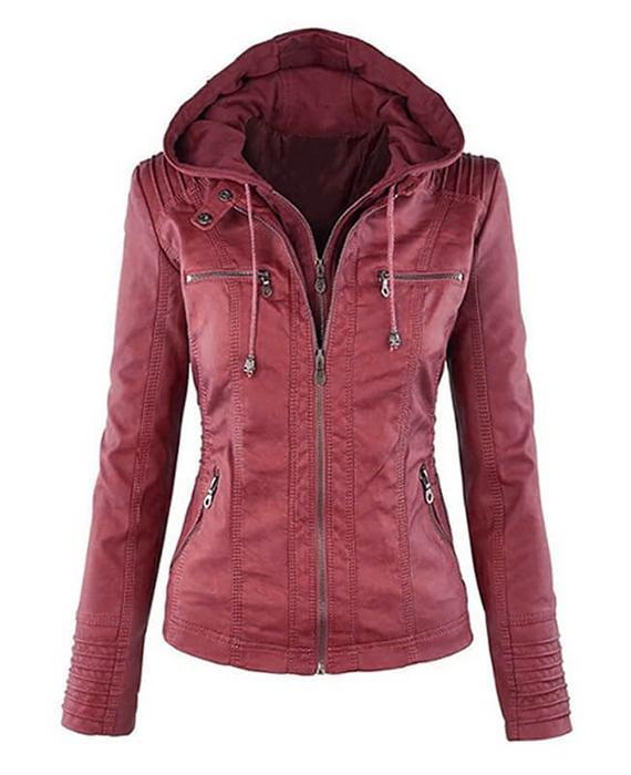 red leather jacket with hood