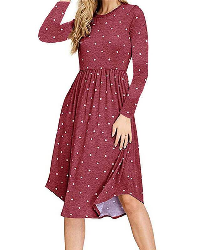 Dot Print Swing Midi Length Dresses | Seamido