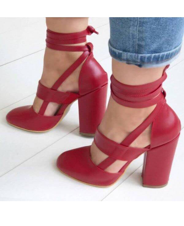 red thick heel shoes