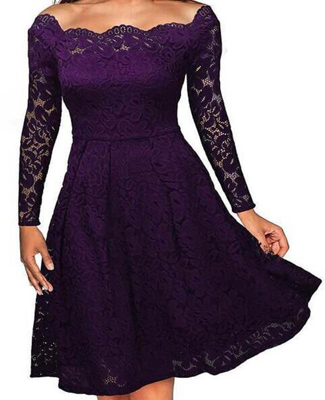 Off Shoulder Long Sleeve Lace Dress Party Dresses for Women - Seamido