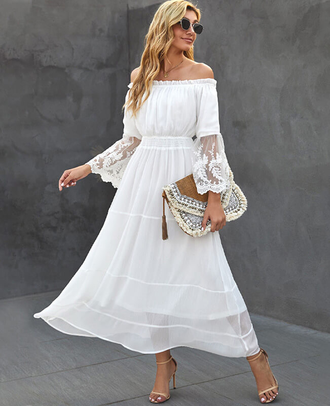 Off the Shoulder White Dress Lace Maxi Dress Sale - Seamido