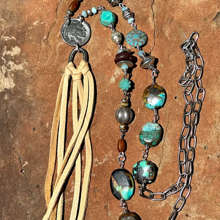 Pueblo; Sequence Buffalo Nickel, Leather Tassel Necklace