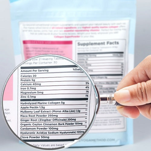 A magnifying glass showing all natural ingredients on Collagen SuperPowder packaging