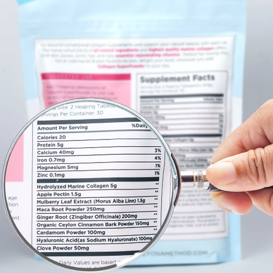A Magnifying glass showing ingredients declaration on Collagen SuperPowder packaging
