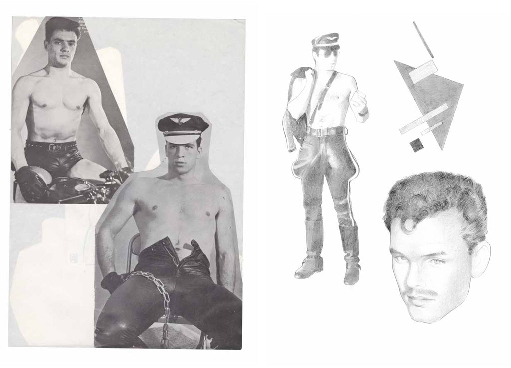 Left: Tom of Finland, Reference pages, mixed media collage on paper, 1966-1990. Right: Silvia Prada, graphite on paper, 2017