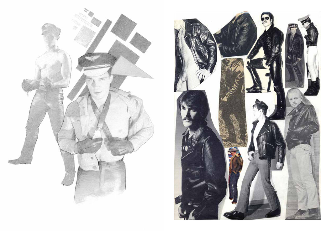 Left: Silvia Prada, graphite on paper, 2017. Right: Tom of Finland, Reference pages, mixed media collage on paper, 1966-1990.