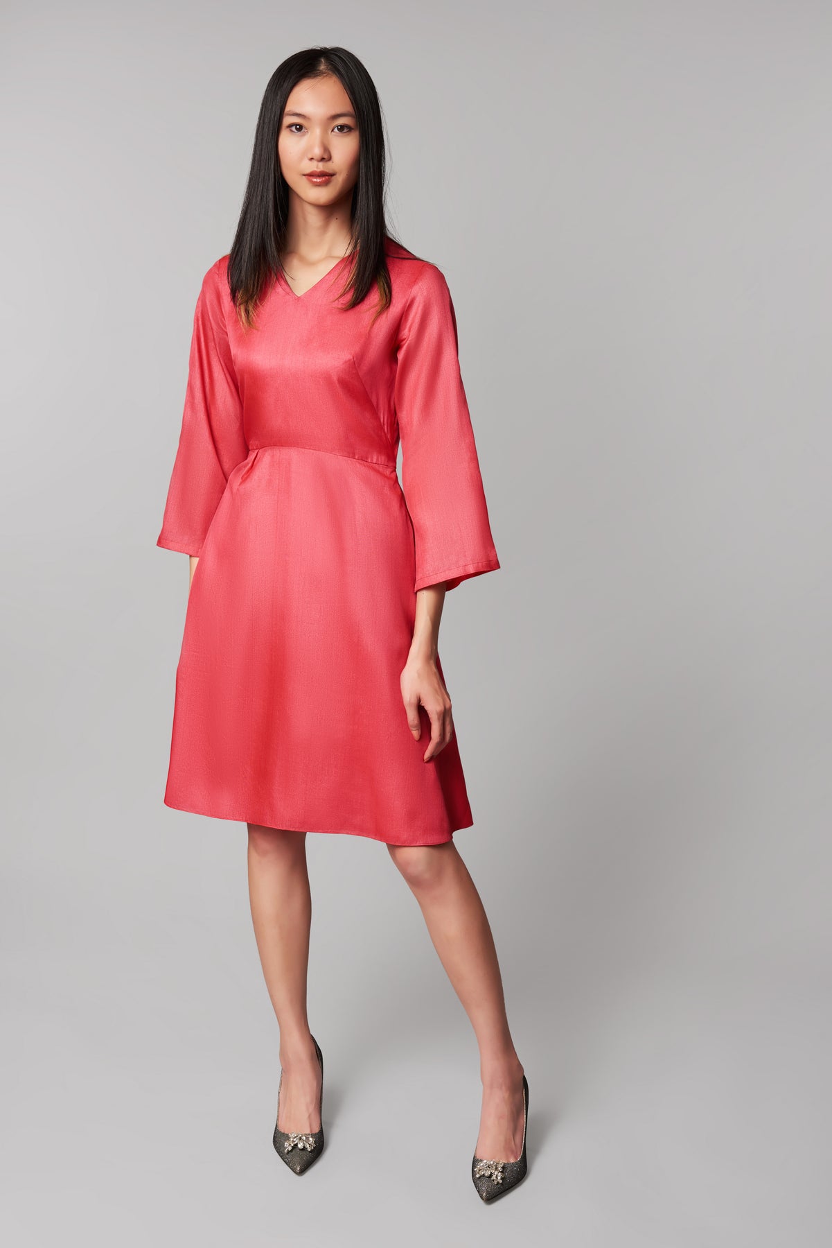 coral silk dress